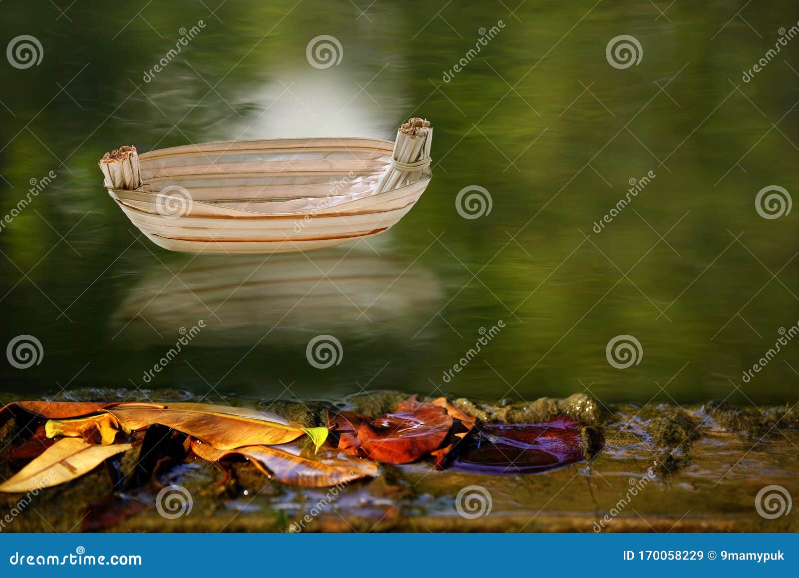 Boat Empty from Dry Leaf Float on Water Surface with Reflection