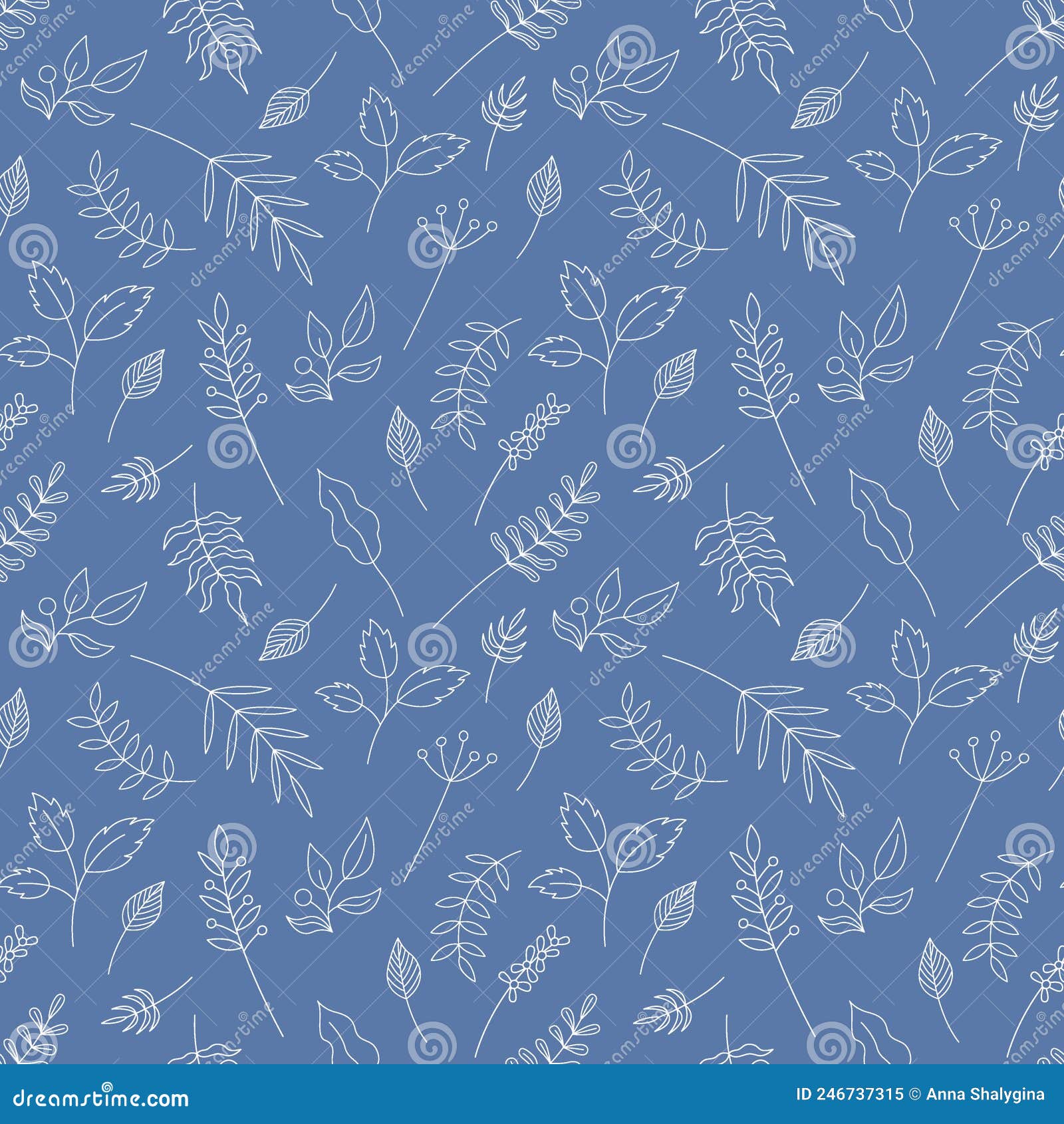 Leaf Pattern. Vector Seamless Background with Outline White Leaves