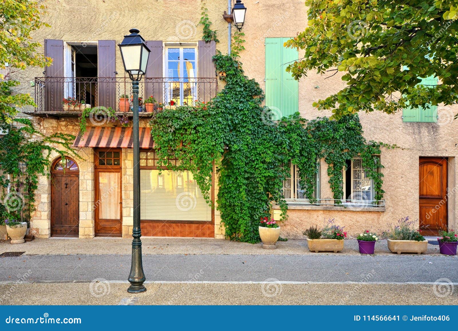 leafy house fronts with shuttered windows, provence, france