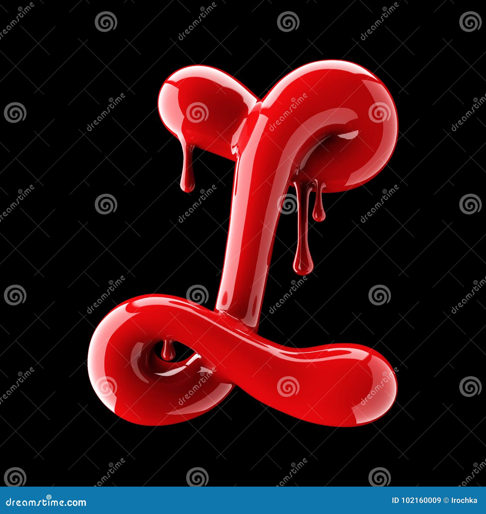 leaky red alphabet on black background. handwritten cursive letter l.