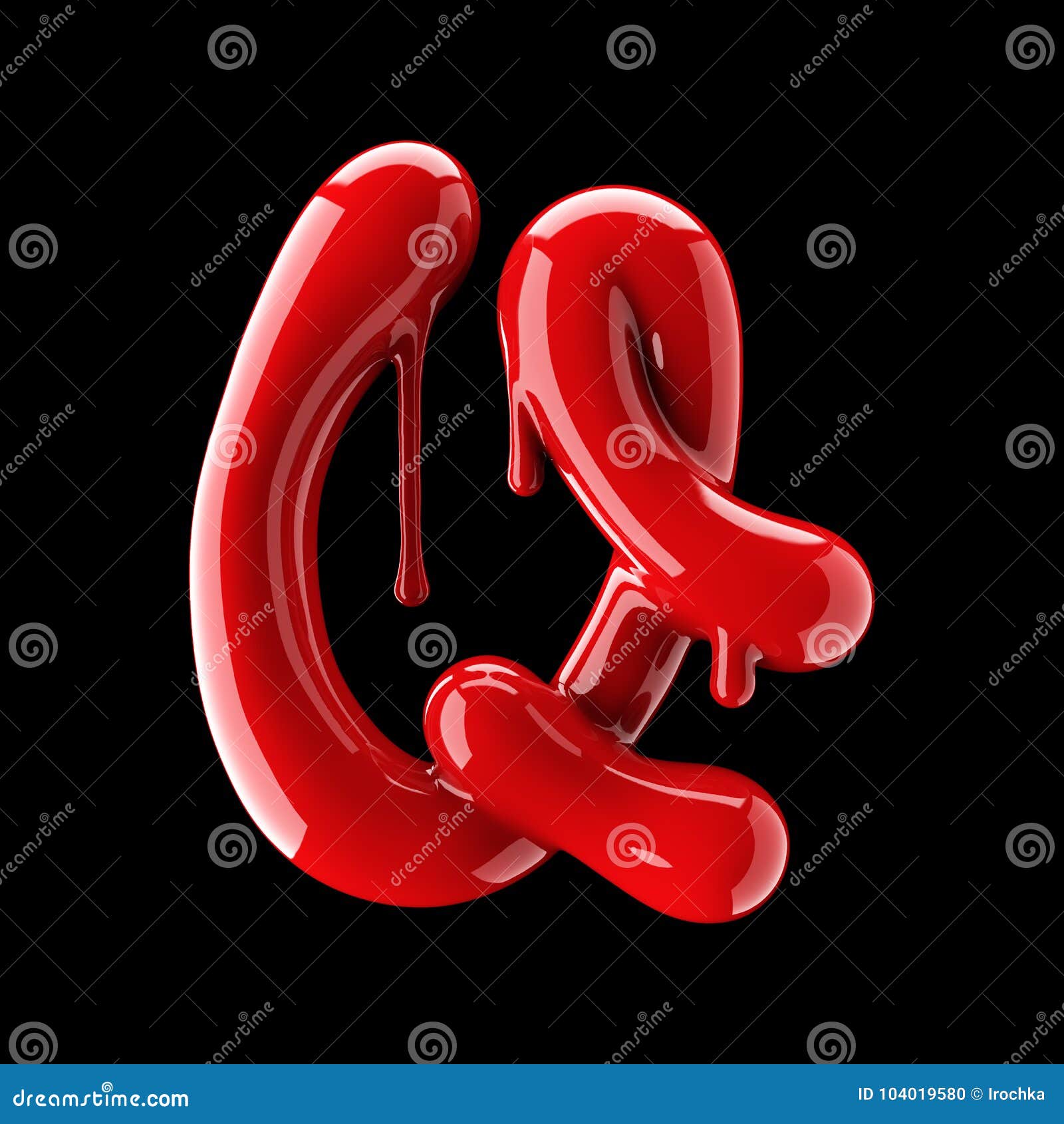 leaky red alphabet on black background. handwritten cursive letter q.