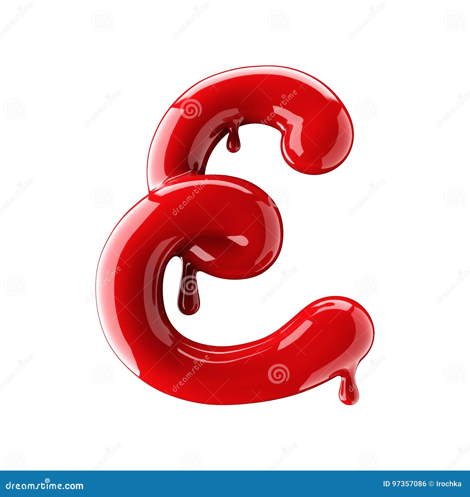 leaky red alphabet on white background. handwritten cursive letter e.