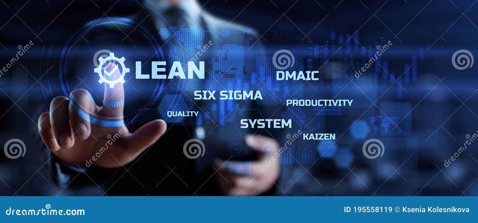 lean manufacturing dmaic, six sigma system. business and industrial process optimisation concept on virtual interface.