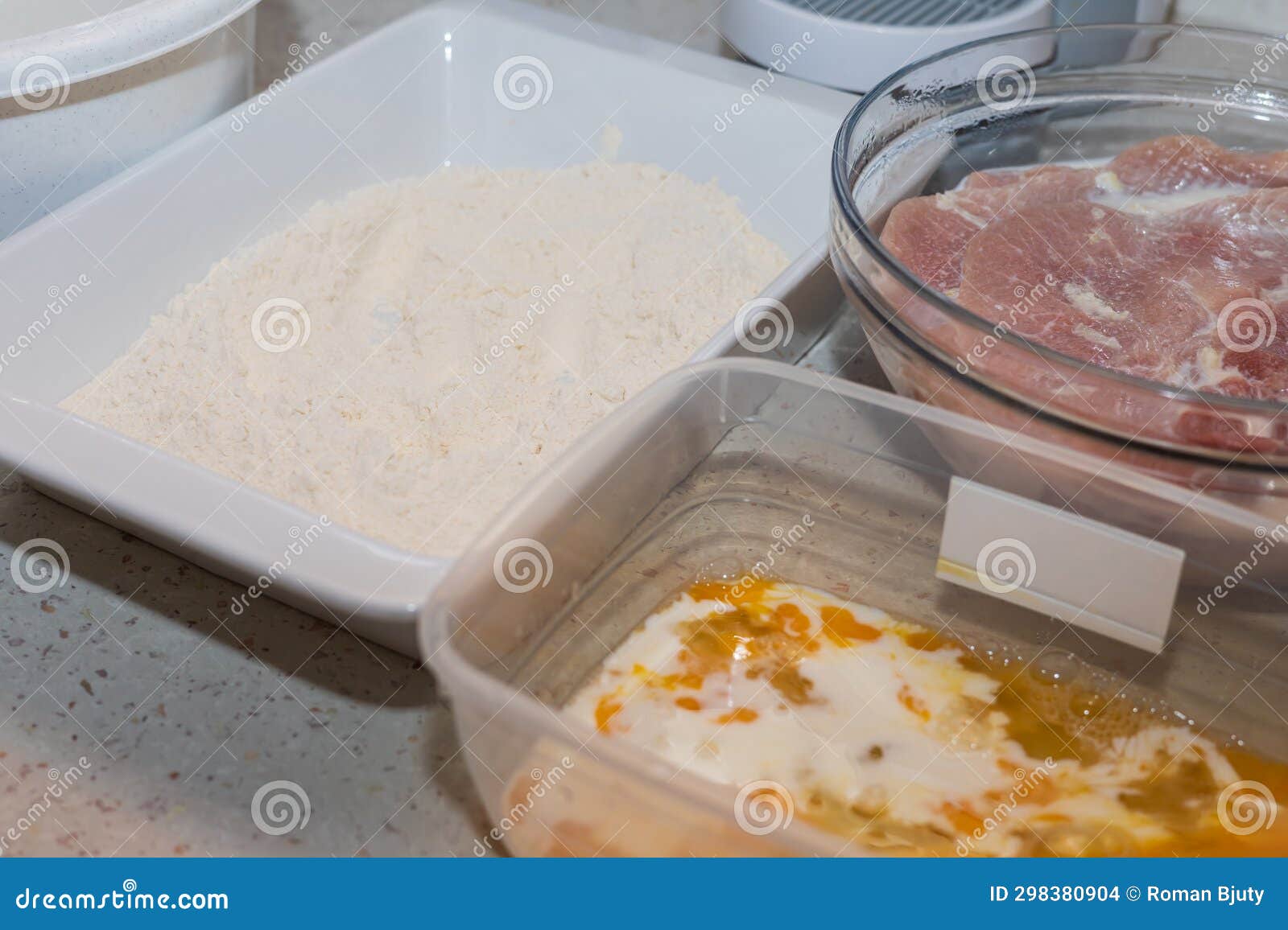 Lean Pork Leg and Flour, Egg, Breadcrumbs for Coating the Steak Stock Photo Image of sliced