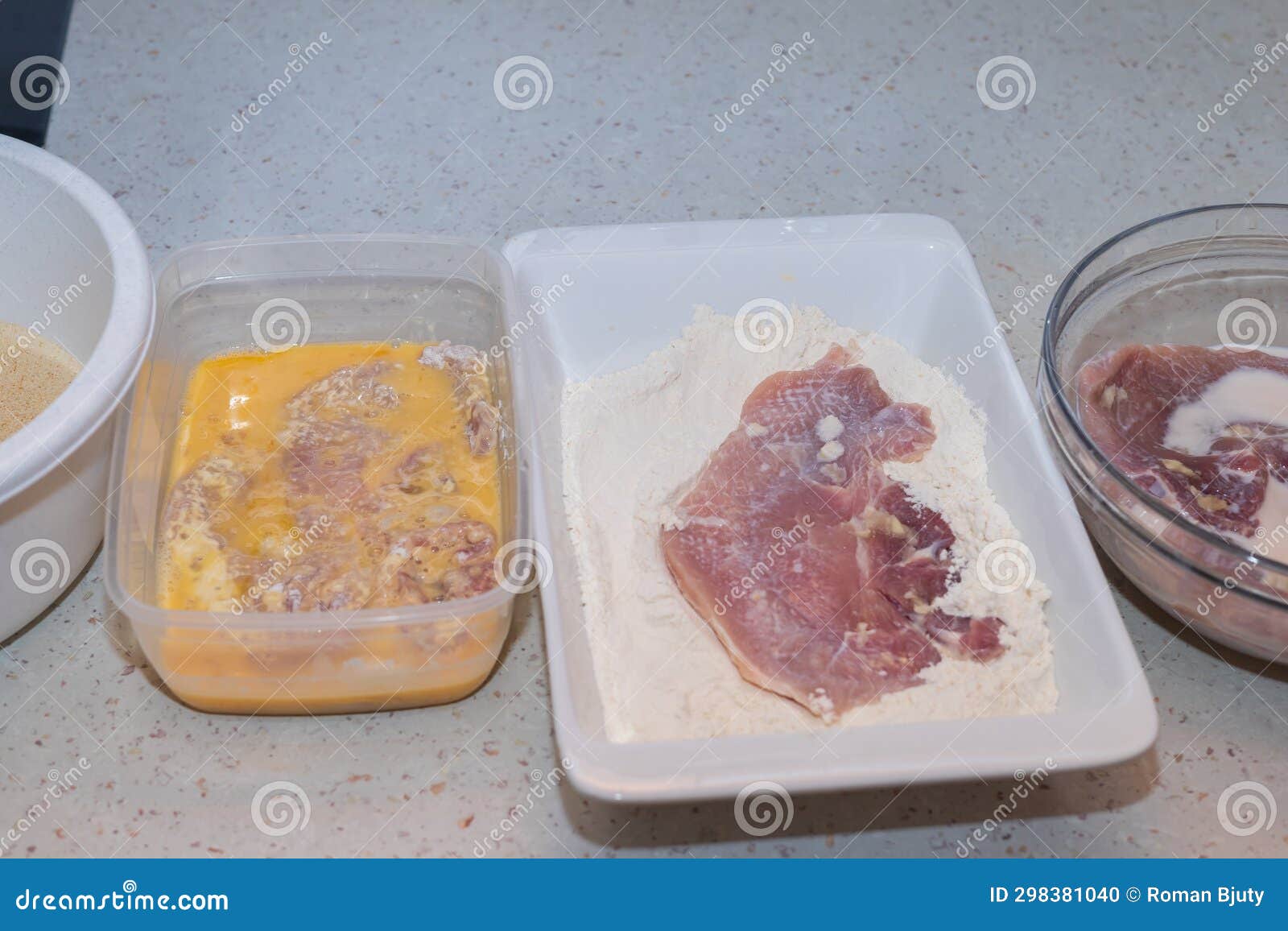 Lean Pork Leg and Flour, Egg, Breadcrumbs for Coating the Steak Stock Photo Image of meat