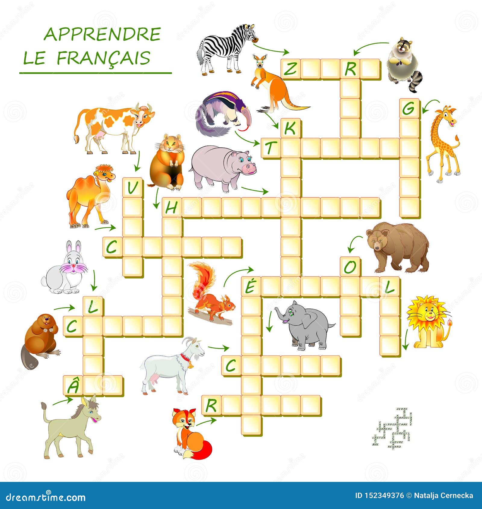 Learn French. Crossword Puzzle Game with Animals. Educational Page Intended For French Worksheet For Kids