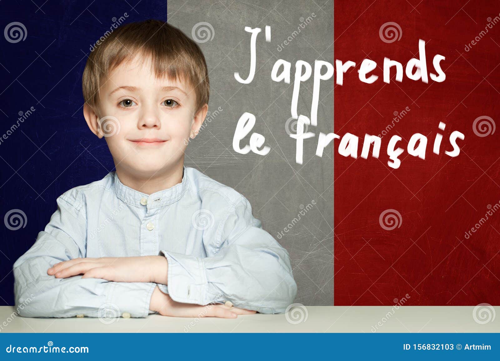 learn french language concept. happy child student and tittle