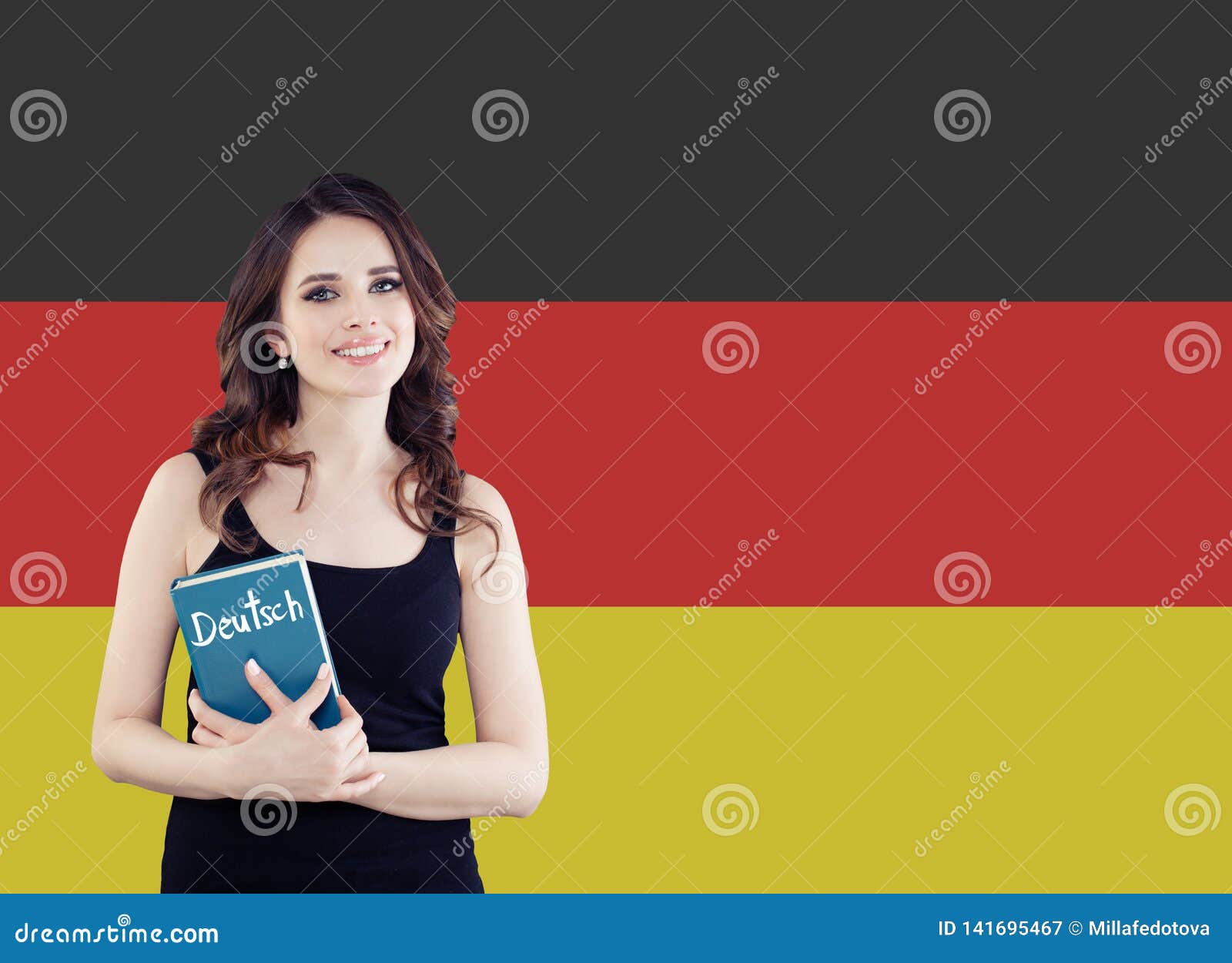 Learn German Language. Attractive Young Woman Holding Phrasebook Against  the Germany Flag Background Stock Image - Image of holidays, happy:  141695467