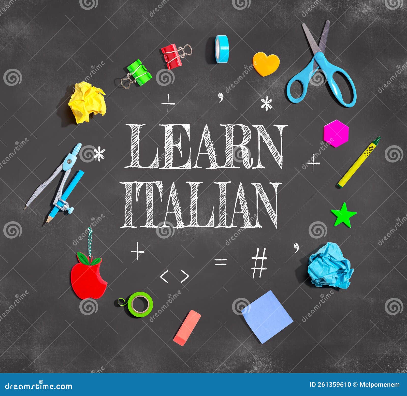 Learn Italian Theme with School Supplies on a Chalkboard Stock Photo