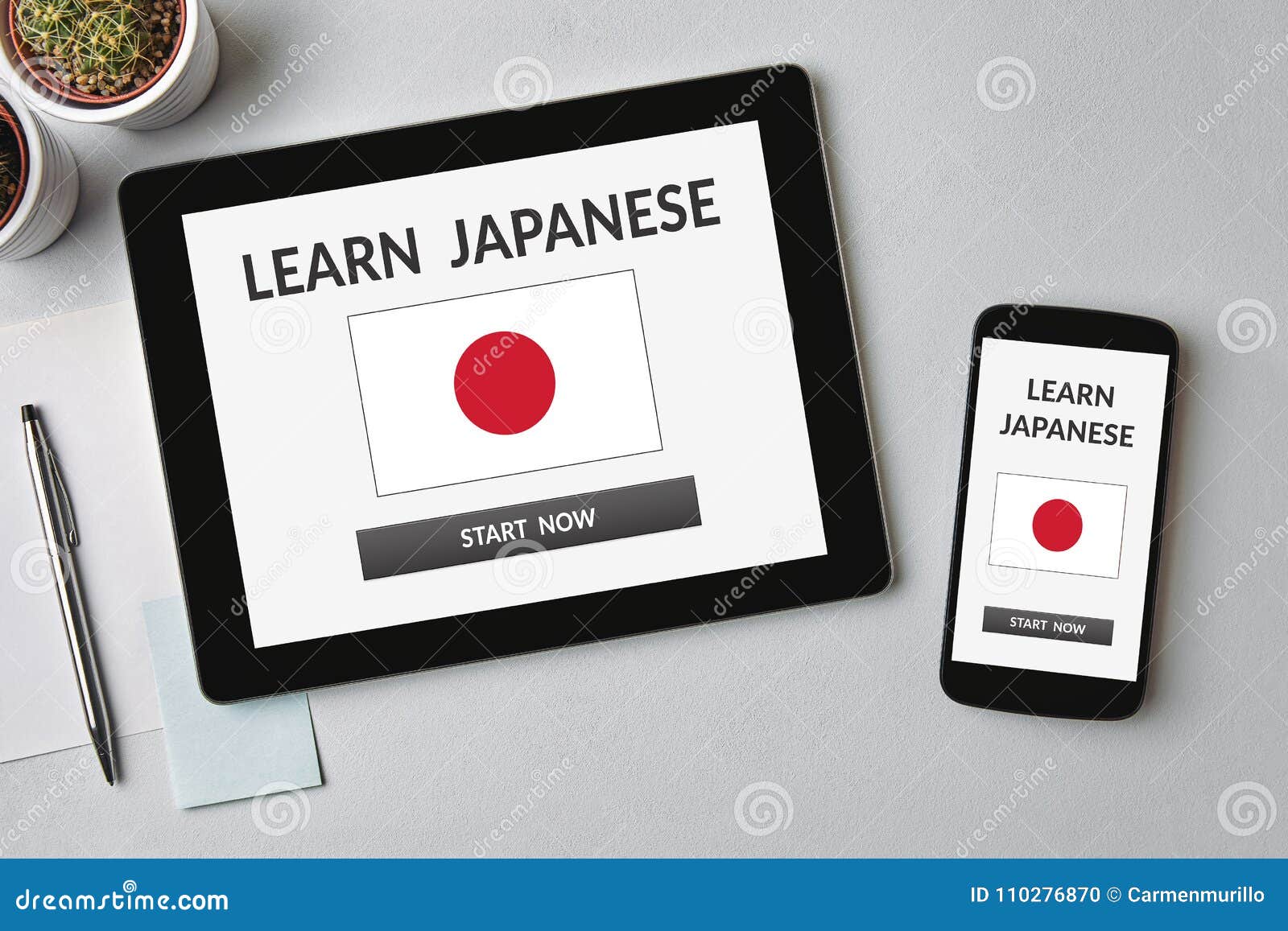 Learn Japanese Concept on Tablet and Smartphone Screen Stock Photo