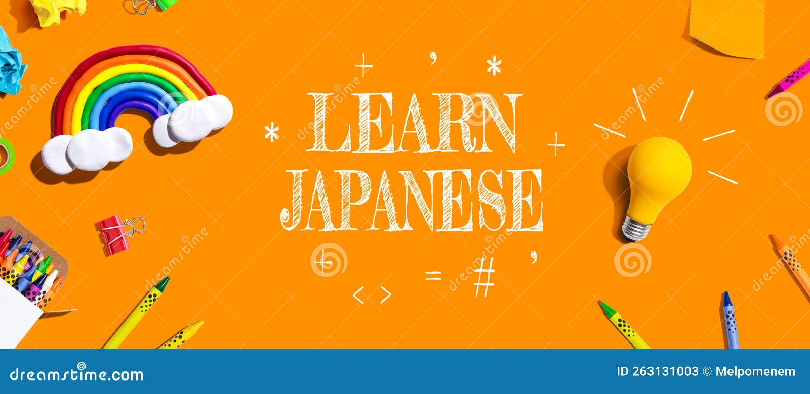 Learn Japanese Theme with School Supplies Flat Lay Stock Image