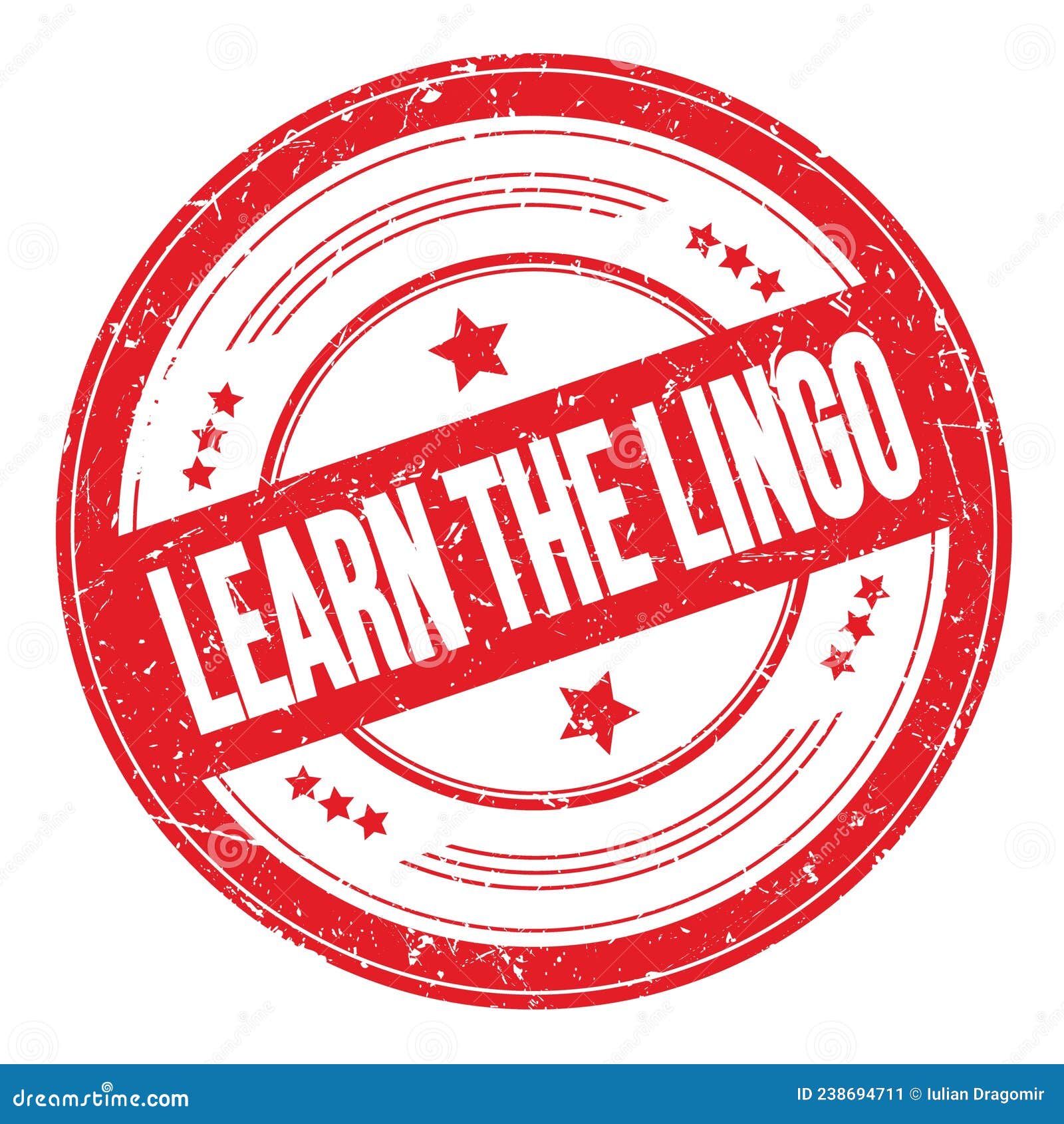 learn the lingo text on red round grungy stamp