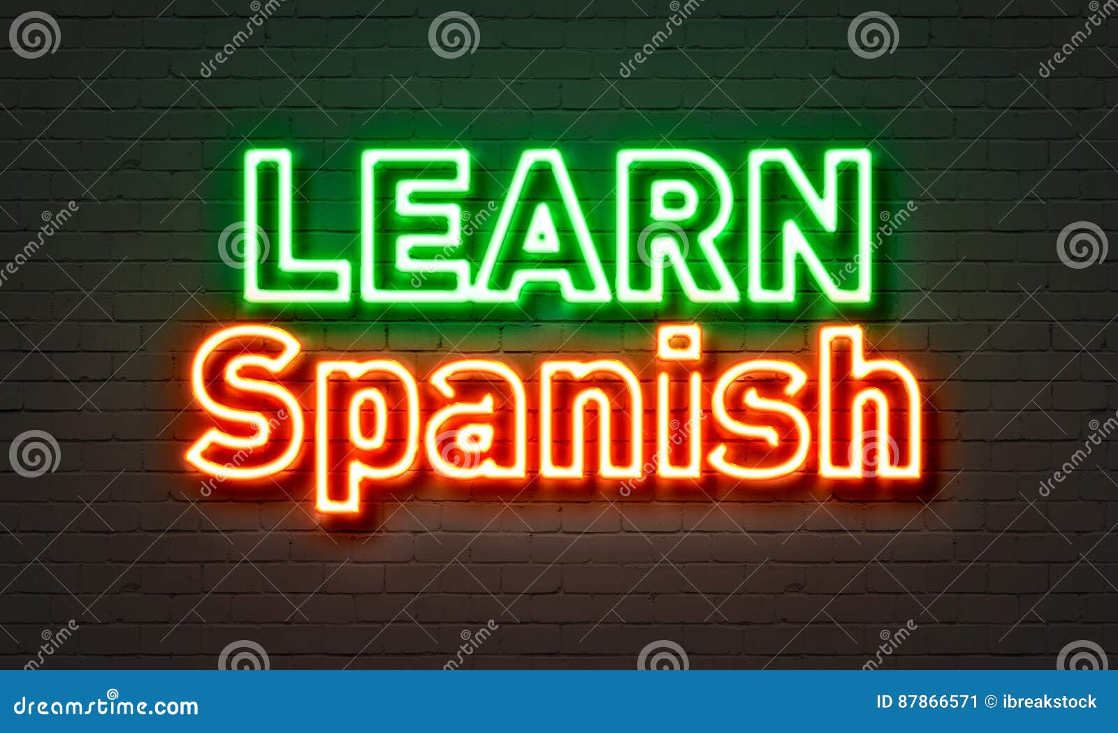 Learn Spanish Neon Sign on Brick Wall Background. Stock Illustration