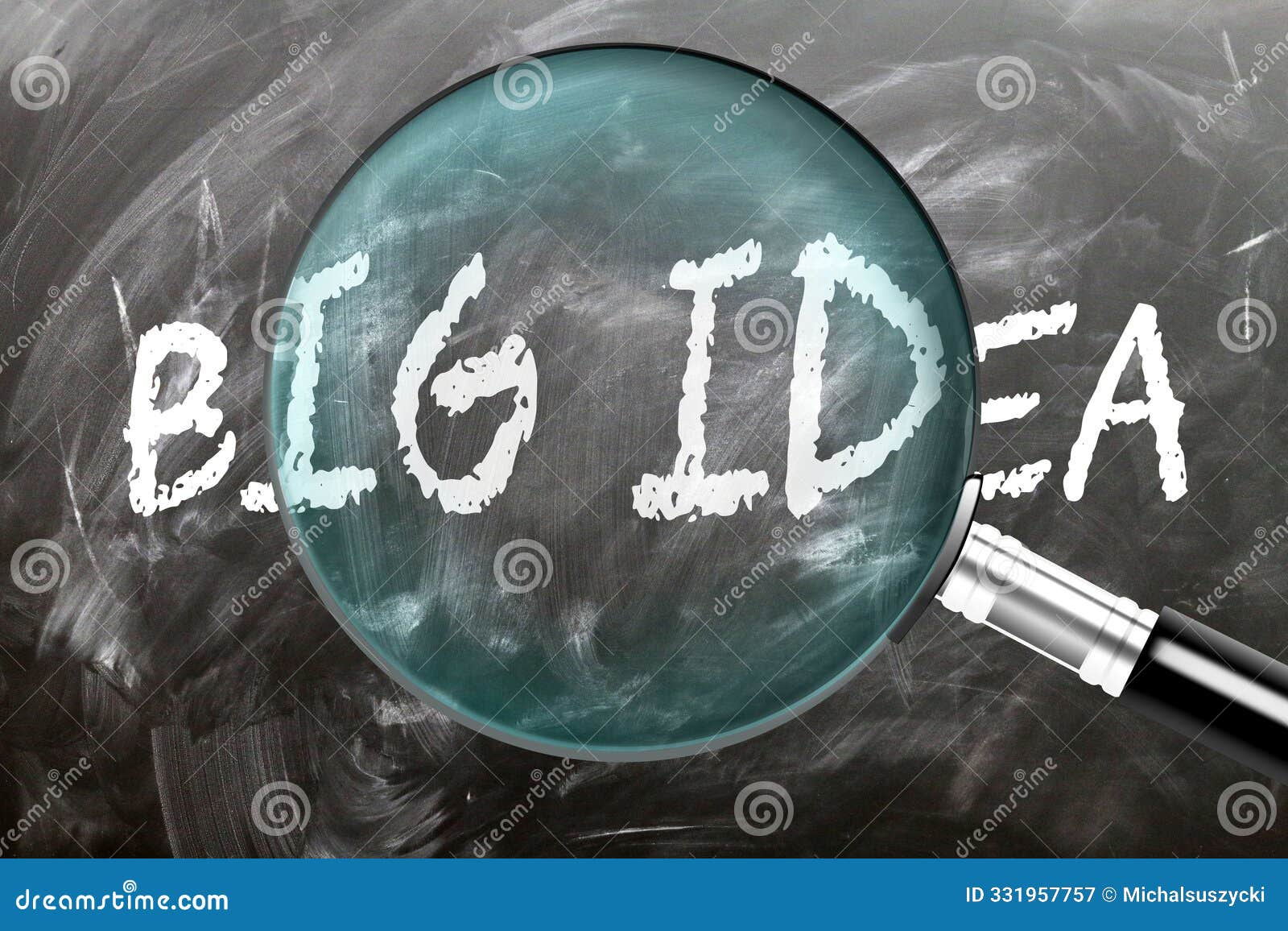 learn, study and inspect big idea. a magnifying glass enlarging word 'big idea' written on a blackboard