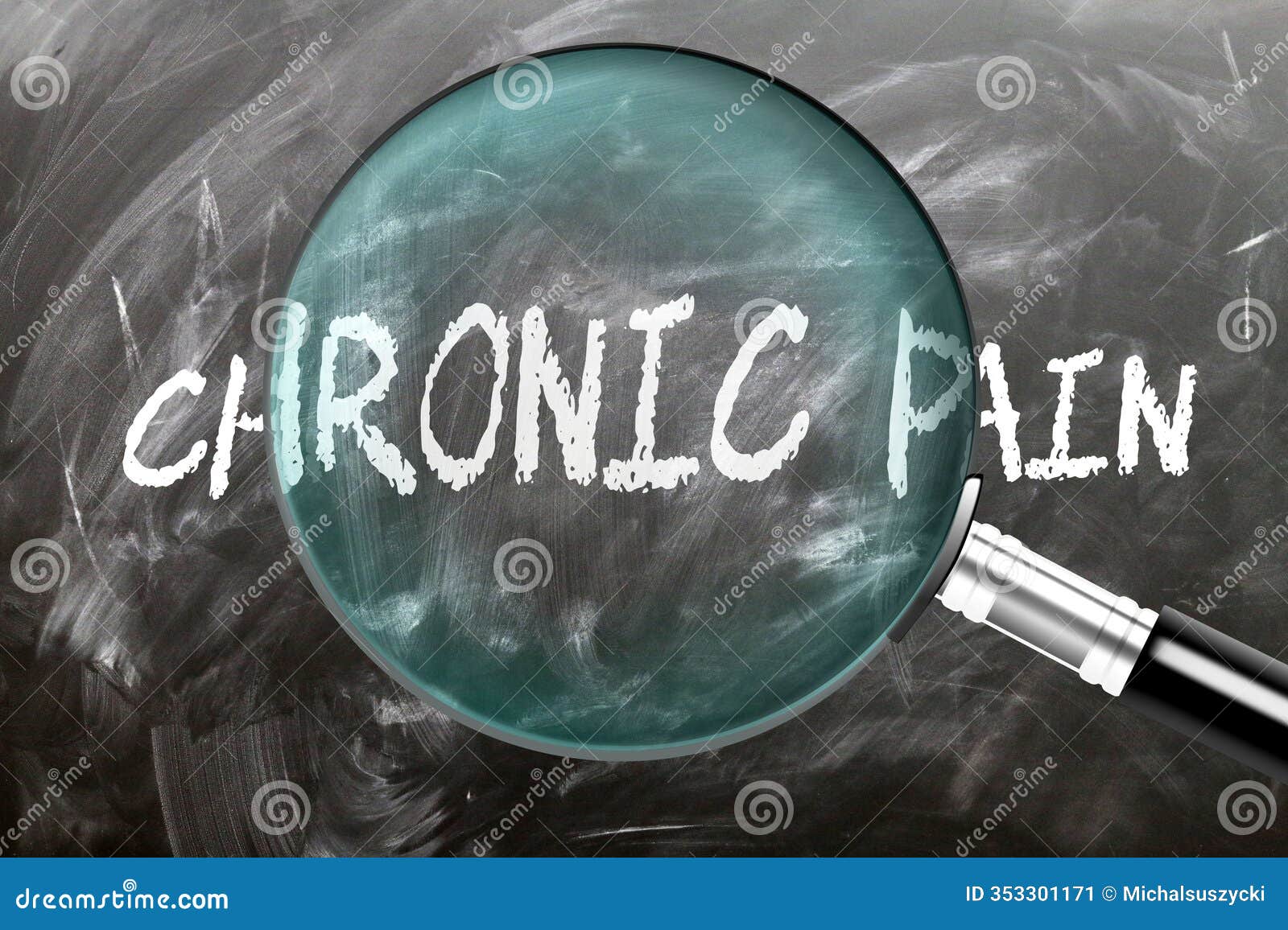 learn, study and inspect chronic pain. a magnifying glass enlarging word 'chronic pain' written on a blackboar