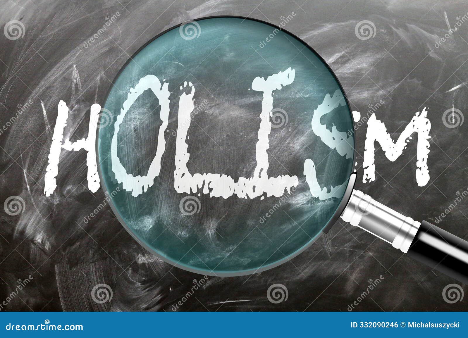 learn, study and inspect holism. a magnifying glass enlarging word 'holism' written on a blackboard