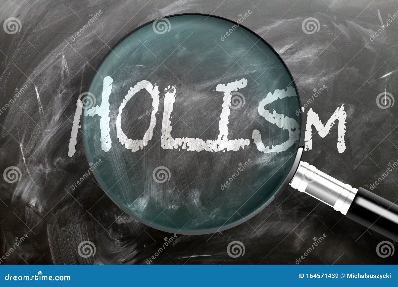 learn, study and inspect holism - pictured as a magnifying glass enlarging word holism, izes researching, exploring and