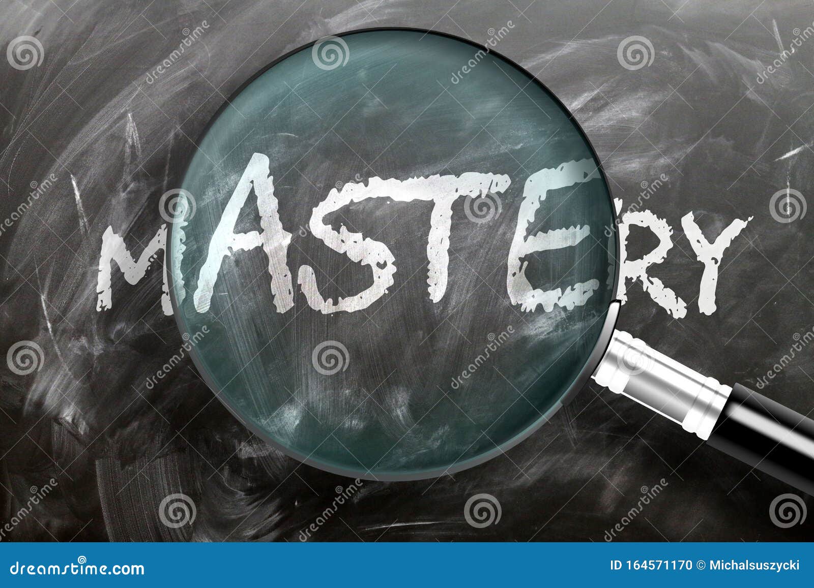 learn, study and inspect mastery - pictured as a magnifying glass enlarging word mastery, izes researching, exploring and