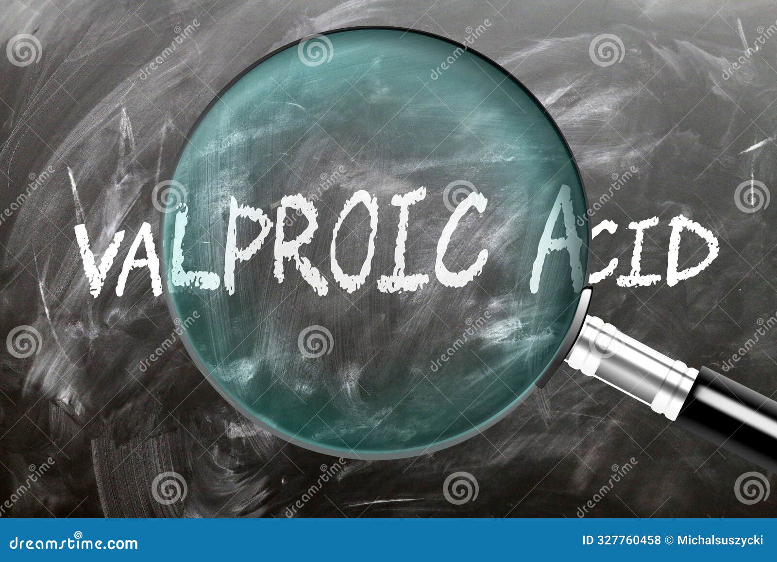 learn, study and inspect valproic acid. a magnifying glass enlarging word 'valproic acid' written on a blackbo