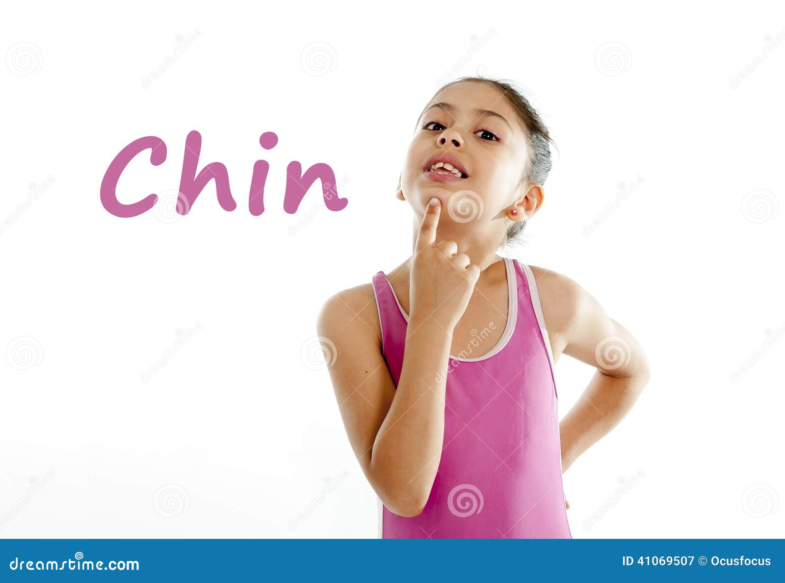 learning body parts school card of girl pointing at her chin on white background