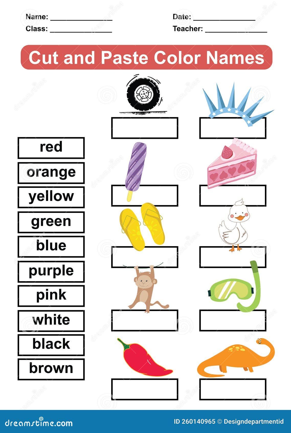 Cut and Paste the Color Names. Worksheet for Children To Recognize