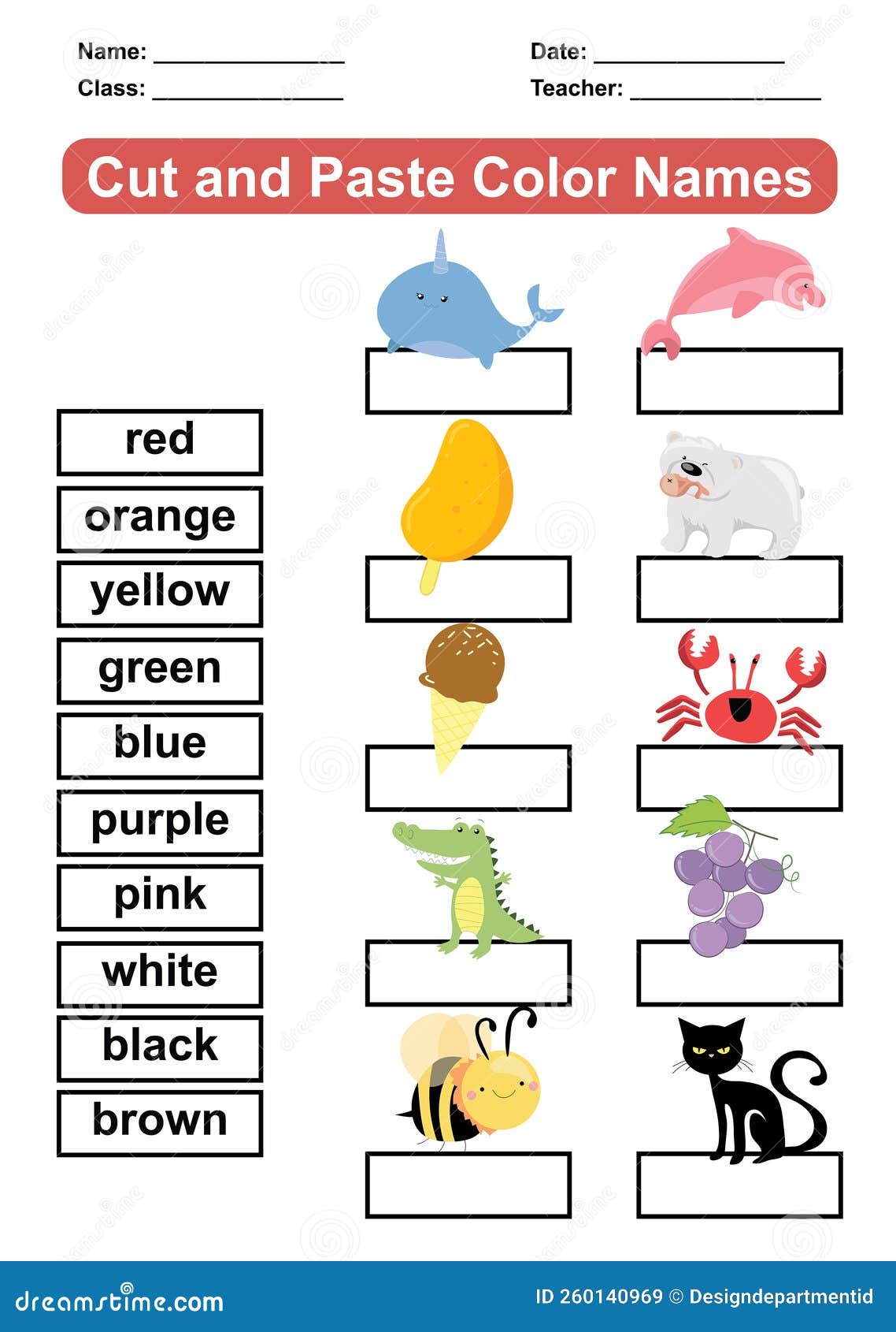 Cut and Paste the Color Names. Worksheet for Children To Recognize