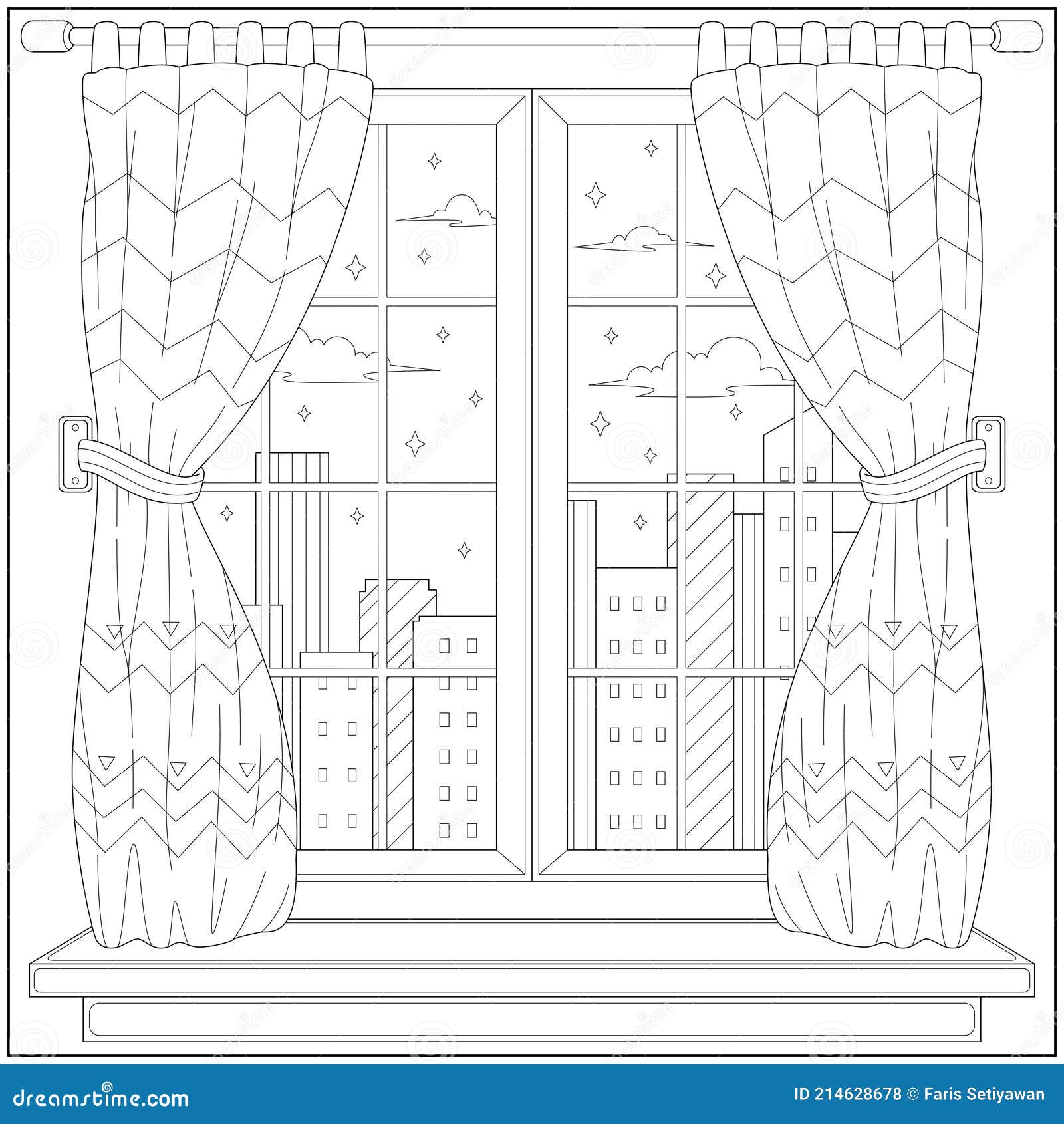 City View From Building Curtain Learning And Education Coloring Page Stock Vector Illustration Of City Cool 214628678