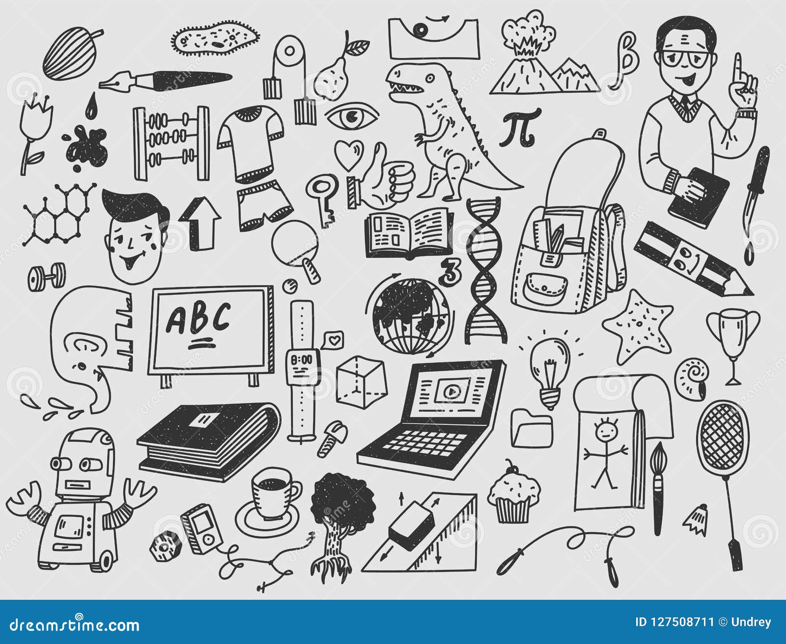 Learning and Education Hand Drawn Doodle School Items. Stock Vector