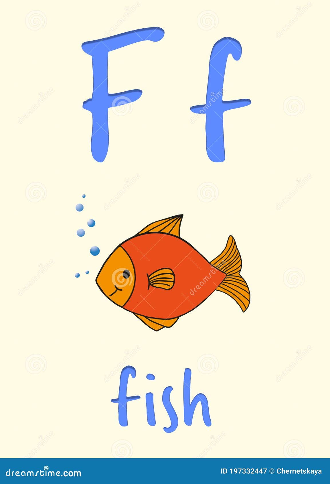 Learning English Alphabet. Card with Letter F and Fish