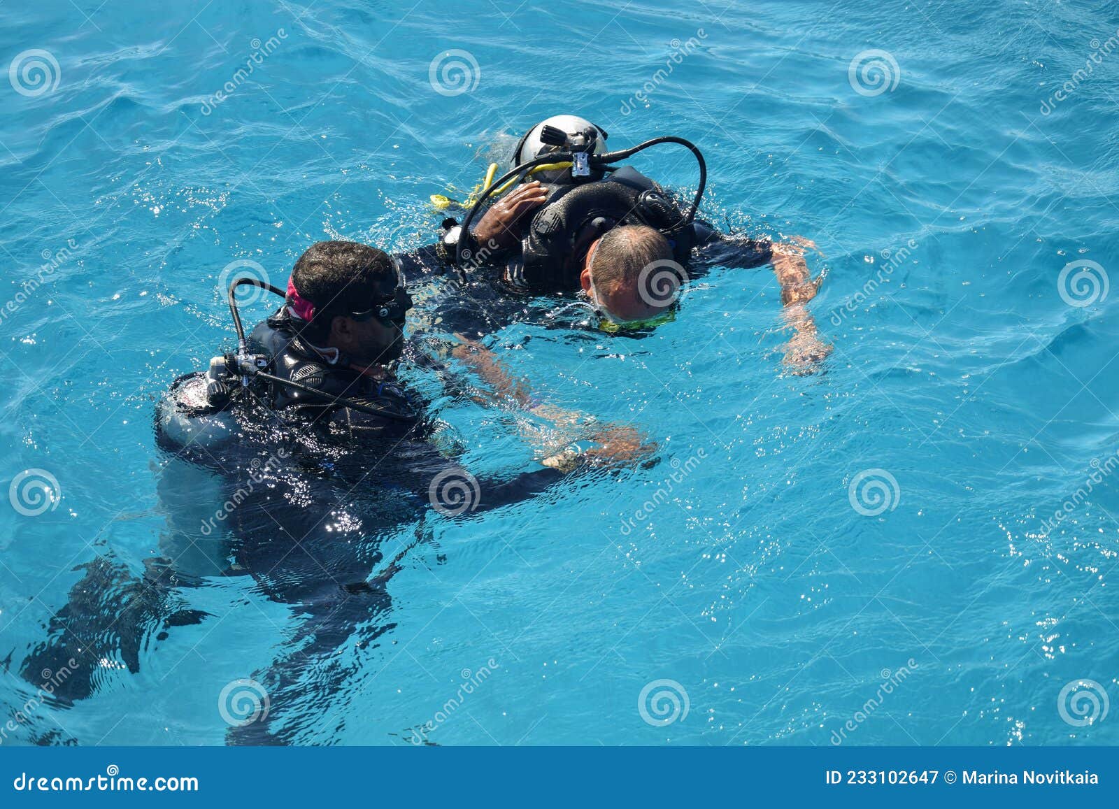 Learning Process of Scuba Diving. Experienced Instructor Teaches