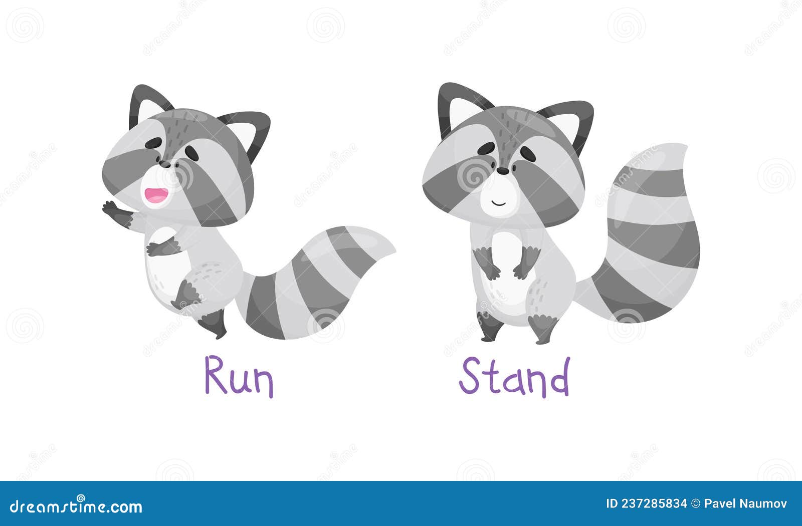 learning verbs of action set. cute cat running and standing. educational visual material cartoon  