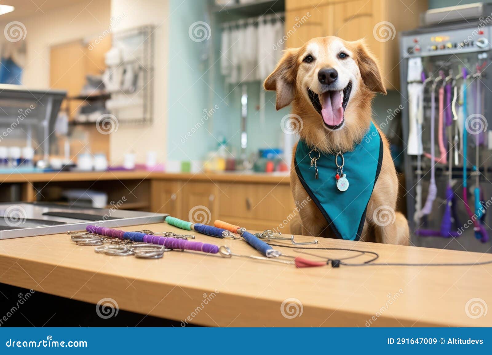 A Leashed Dog Waiting Next To an Operations Table with Pet Therapy Equipment Stock Image Image