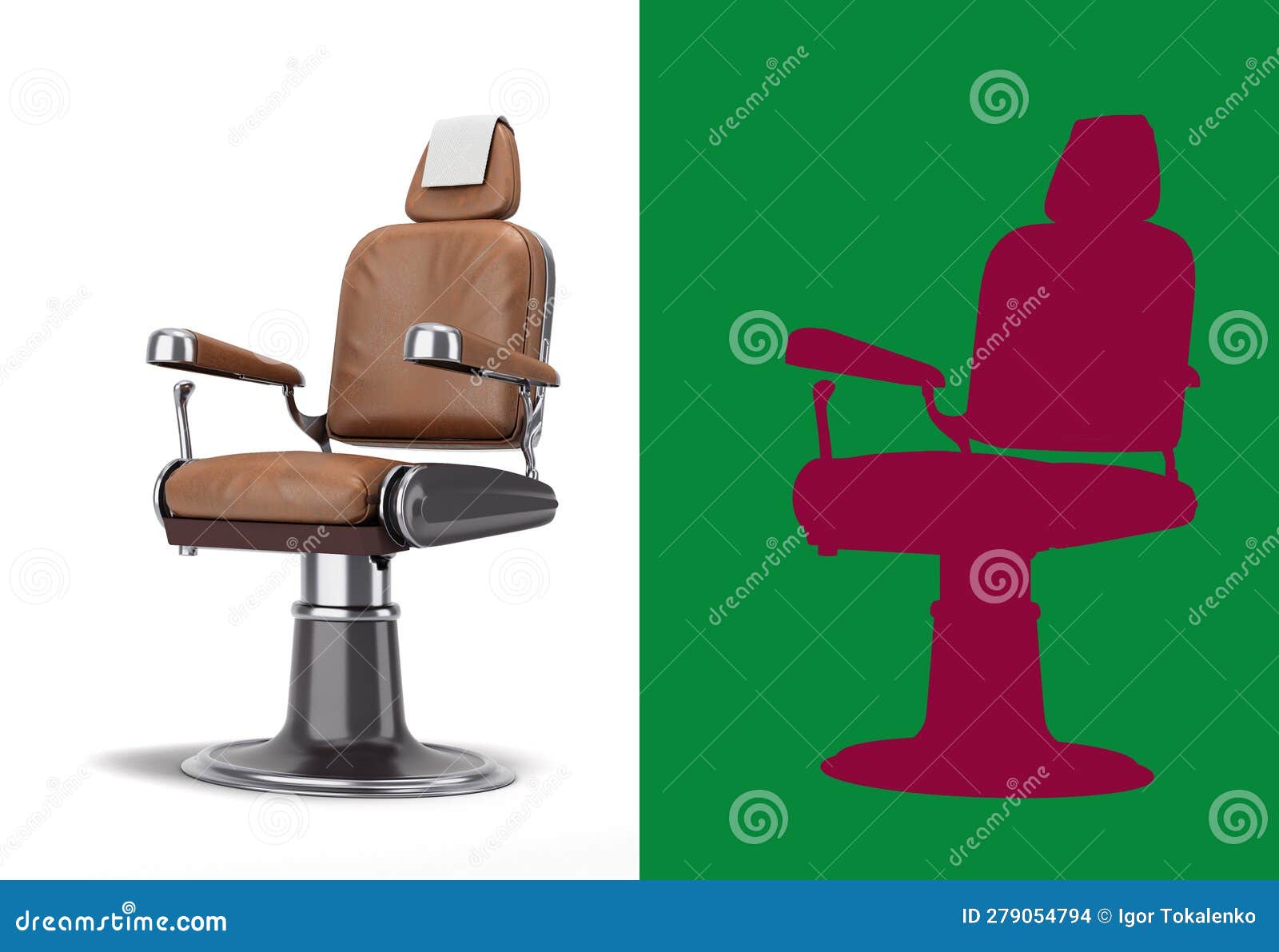 leather barber chair with chrome inserts perspectiva view 3d render on white with alpha