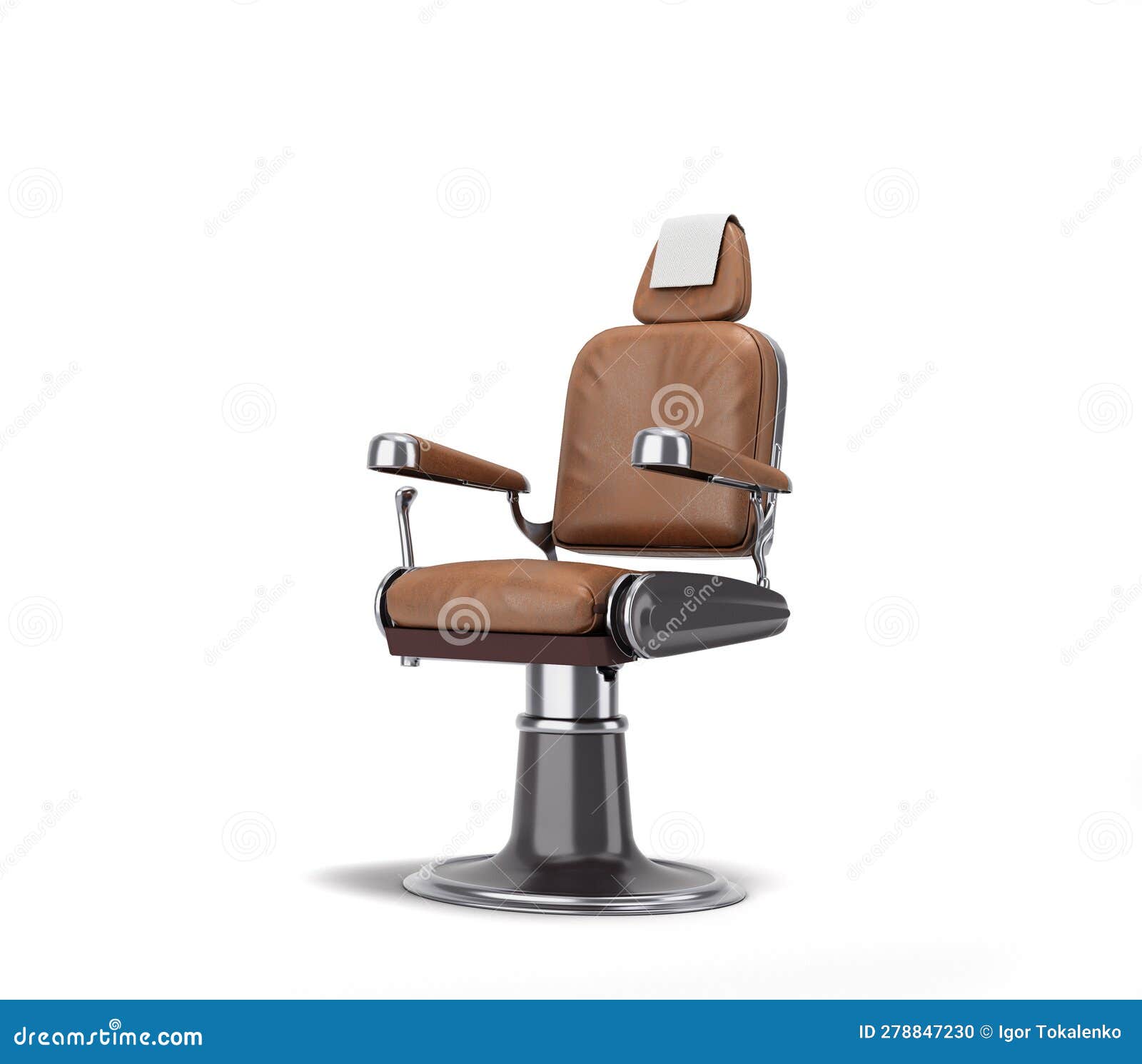 leather barber chair with chrome inserts perspectiva view 3d render on white background