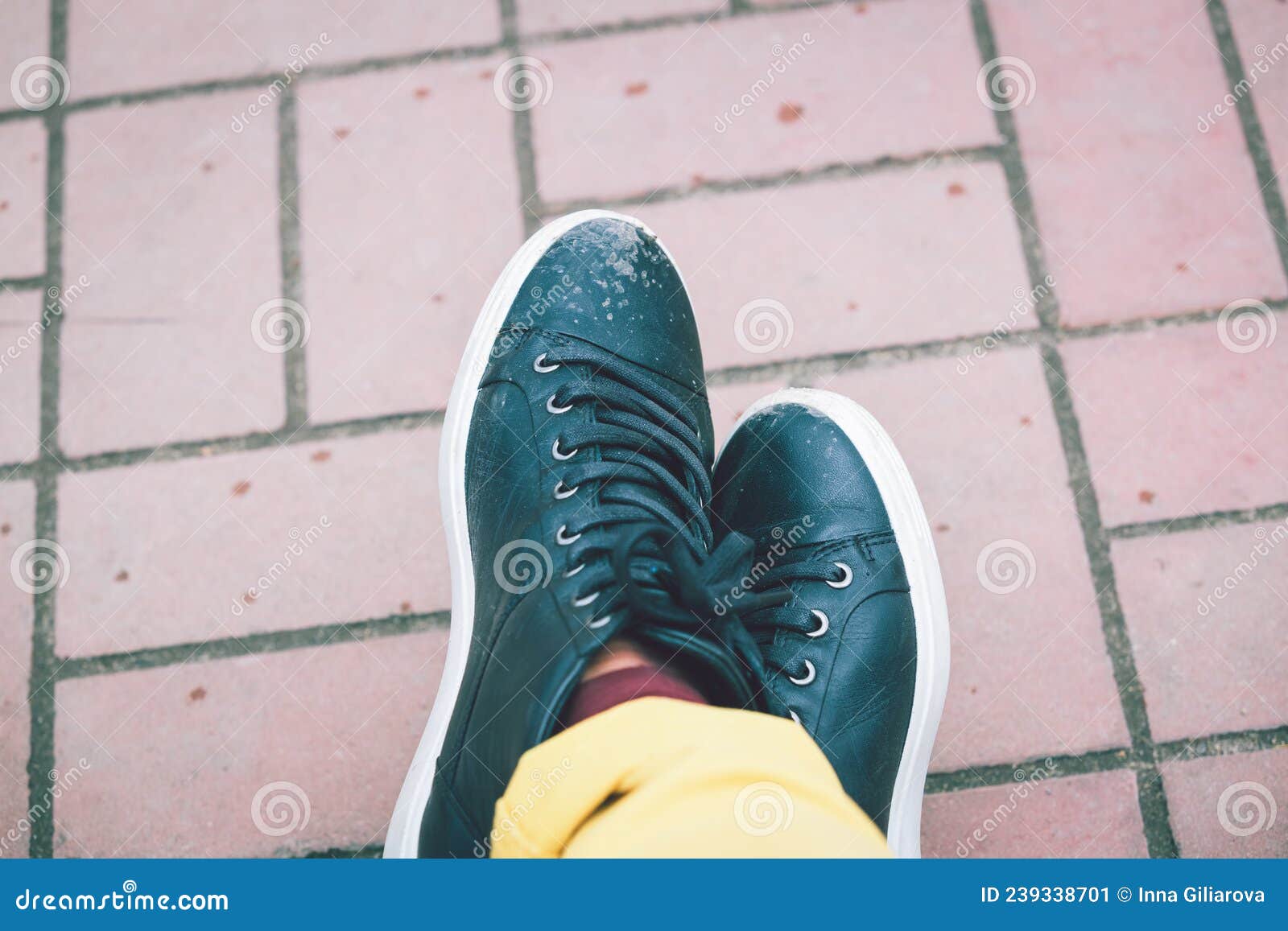 Leather Black Sneakers with White Soles Stock Image - Image of selfie ...