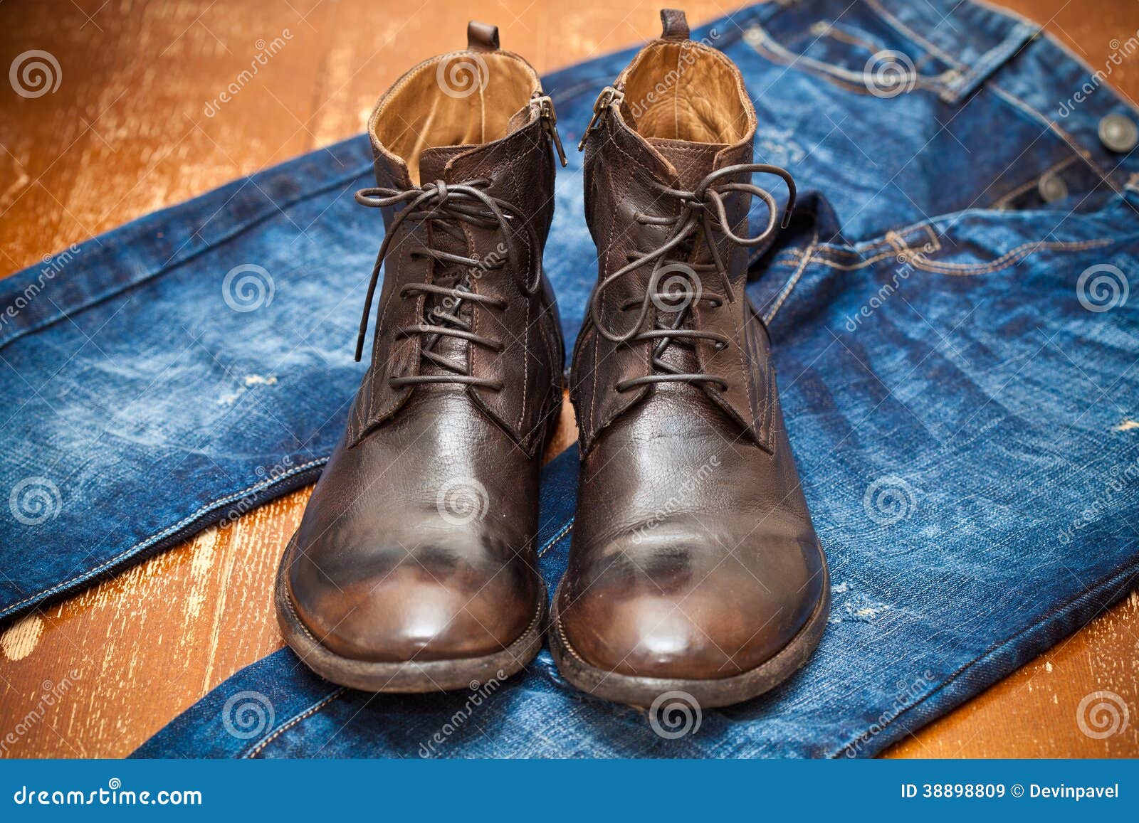 Leather Boots Brown and Blue Jeans Stock Image - Image of autumn ...