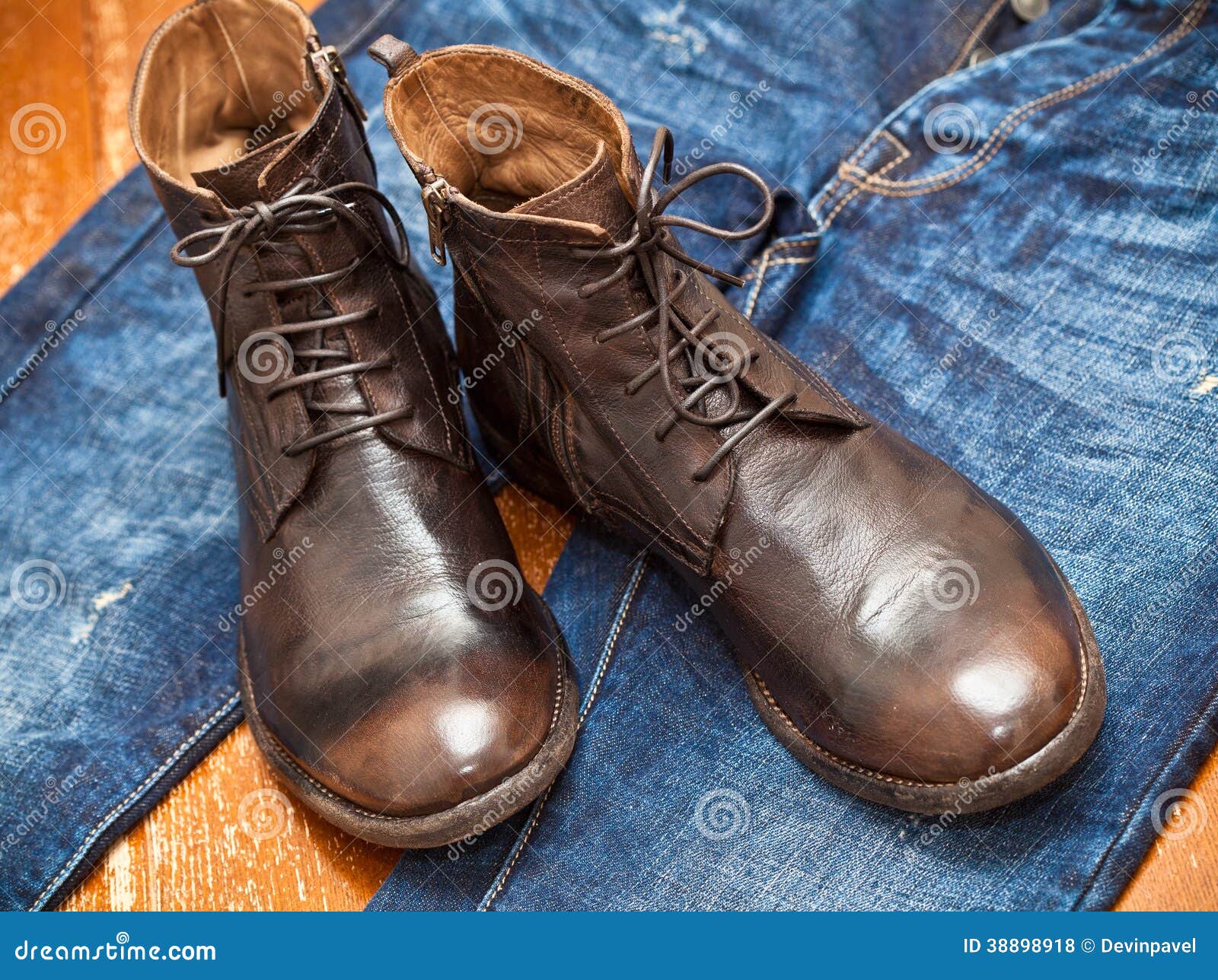 Leather Boots Brown and Blue Jeans Stock Photo - Image of jeans ...