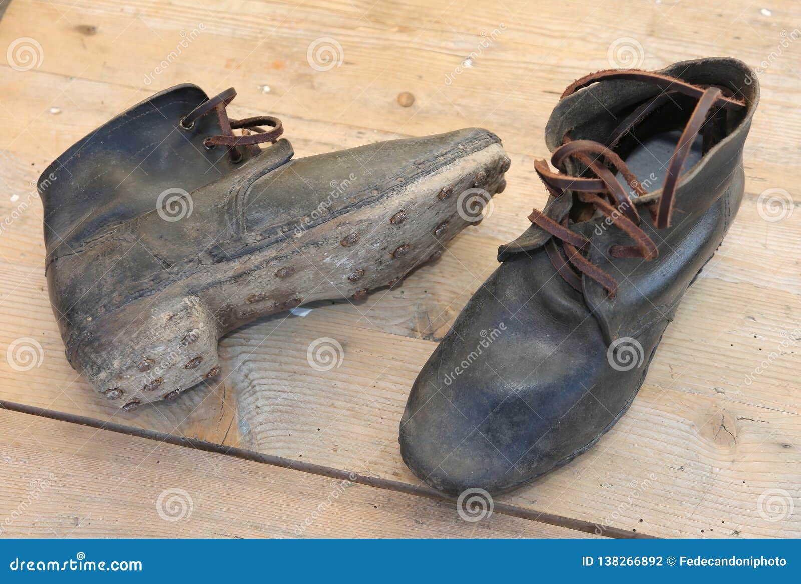 Leather Boots with Soles with Nails To Walk on Ice Used by Soldi Stock ...