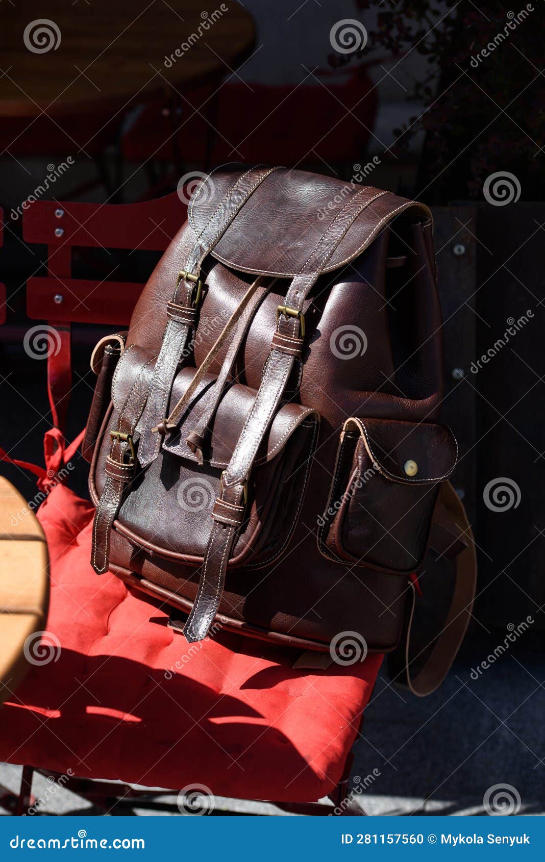 Leather Brown Backpack. Backpack for Travelers and Students Stock Photo