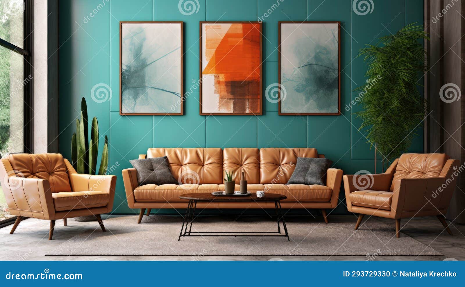 Leather Caramel Sofa and Three Big Posters. Mid Century Style Interior