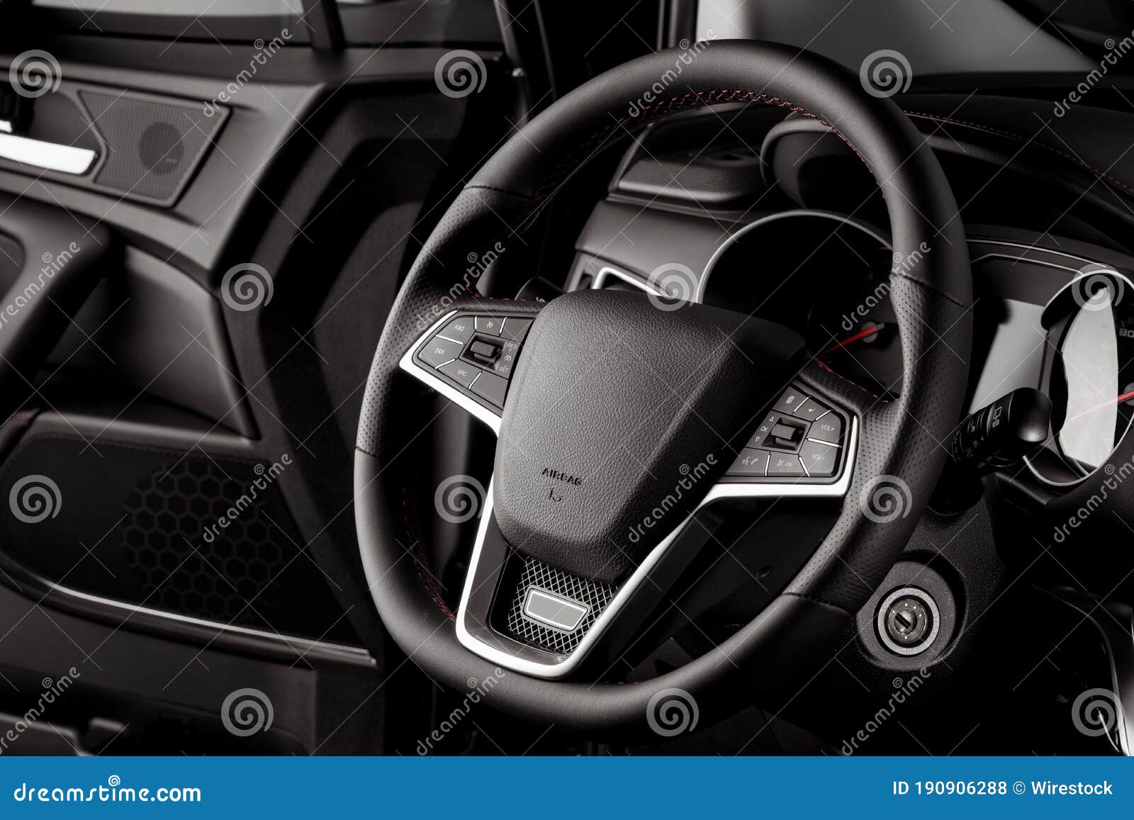 Leathercovered Steering Wheel of a New SUV Stock Photo Image of high