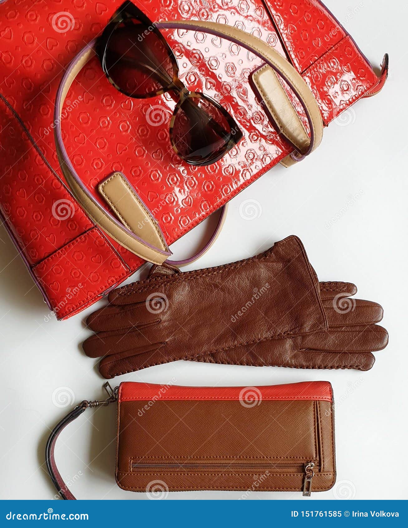 Leather Gloves Sunglasses Style Red Purse Wallet Red Handbag Girl Fas ...