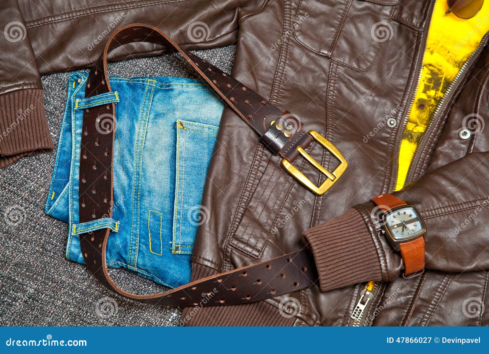 Leather Jacket, T-shirt, Jeans, a Leather Belt with a Buckle ...