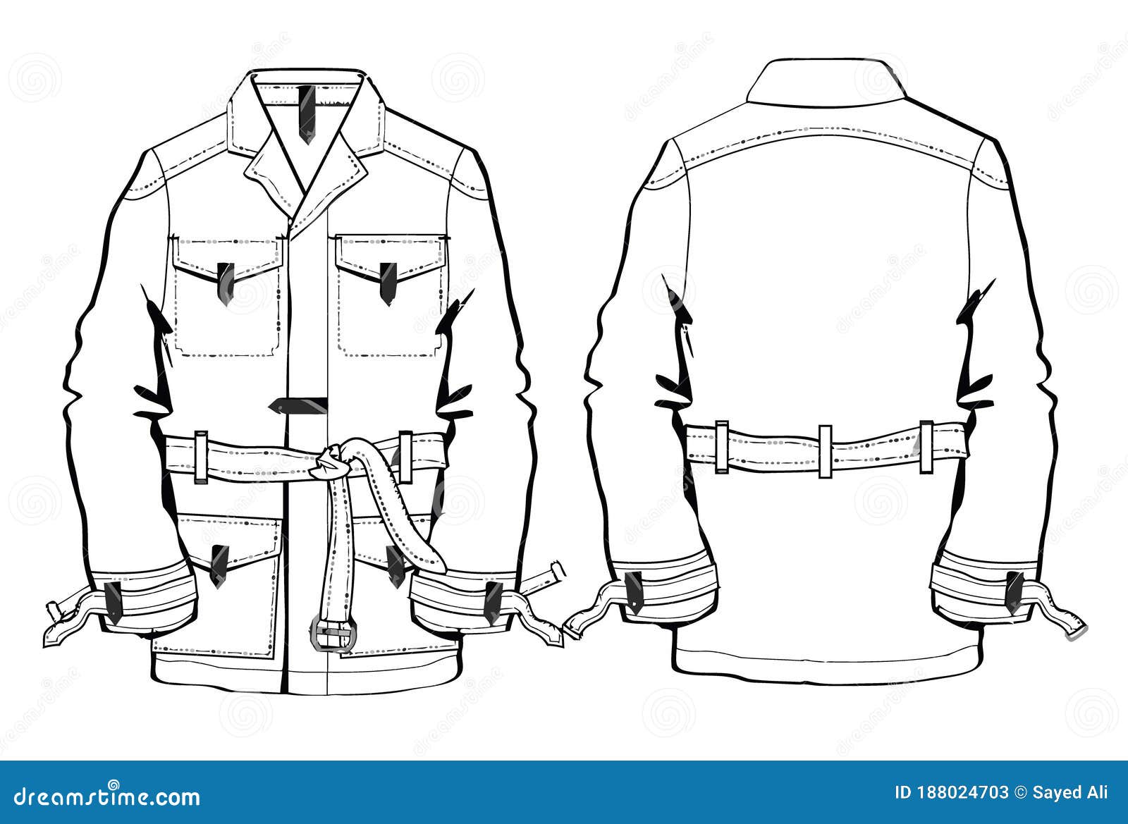 Stylish Leather Jacket Technical Sketch Drawing. Big Button Leather