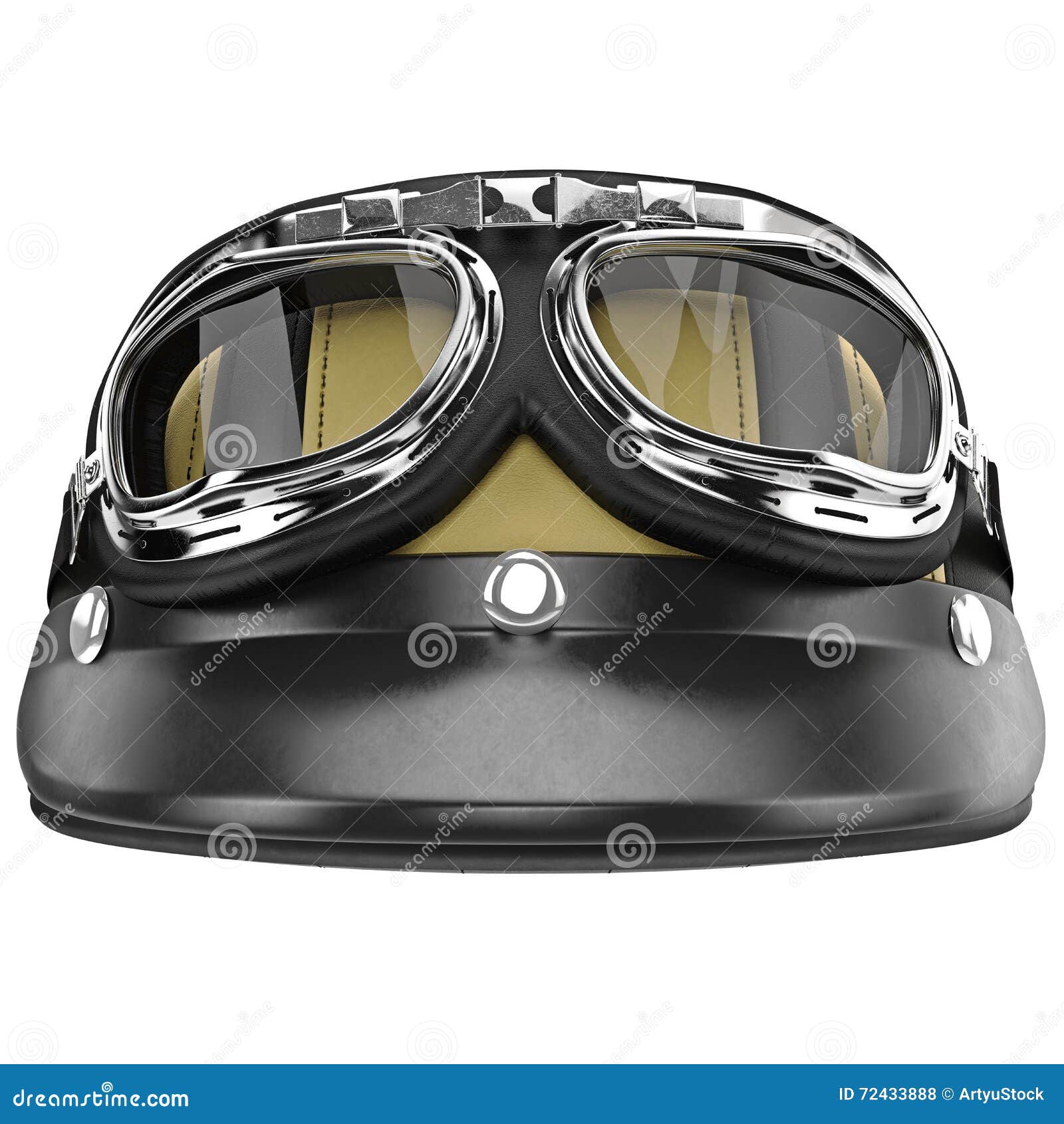 Leather Motorcycle Helmet with Yellow Stripes Front View Stock