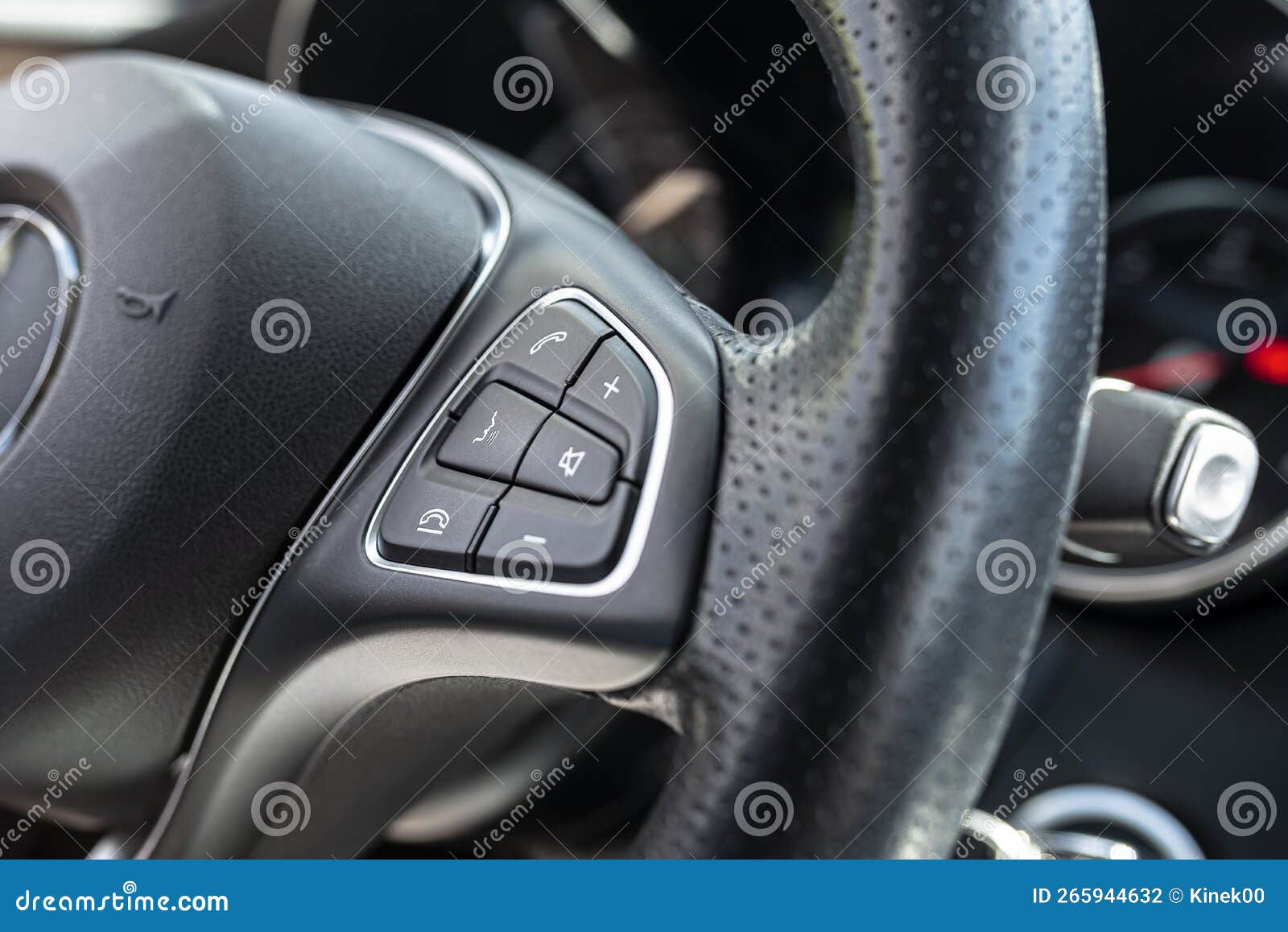 Leather Multifunction Steering Wheel in a Luxury Car, Visible Call and