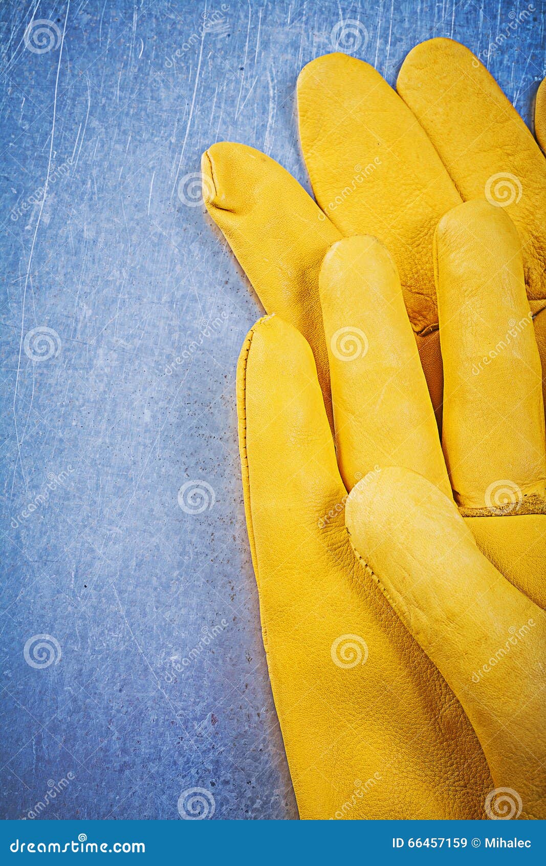 Leather Protective Gloves on Metallic Background Electricity Con Stock
