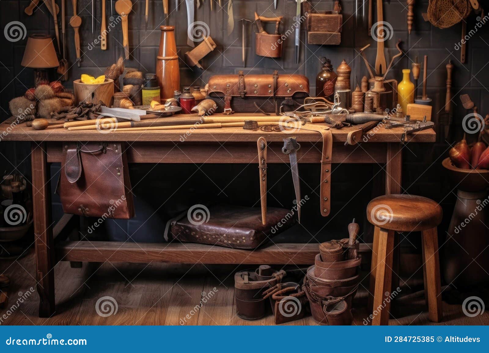 Leather Saddle Making Tools on Workbench Stock Image Image of