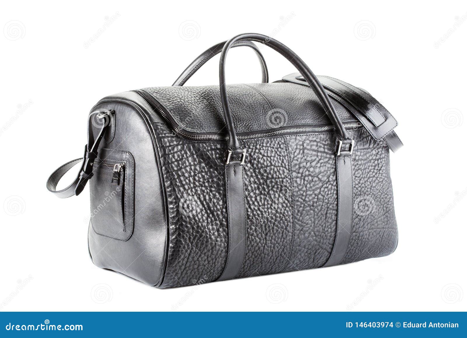 Leather Soft Travel Bag of Medium Size on a White Background Stock