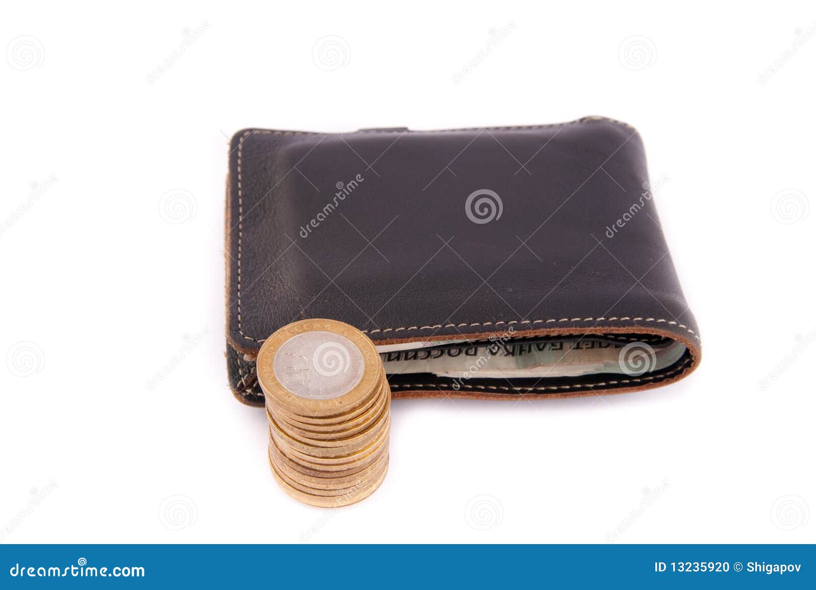 Leather wallet and coins stock photo. Image of object - 13235920